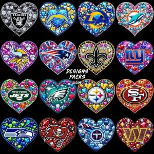 32 DIAMOND HEART Football Teams Designs Bundle PNG