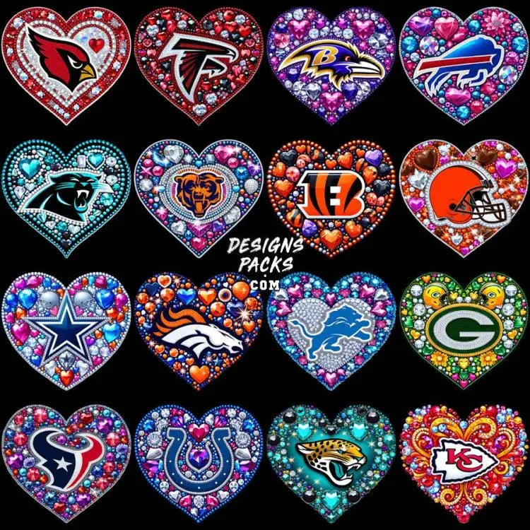 32 DIAMOND HEART Football Teams Designs Bundle PNG