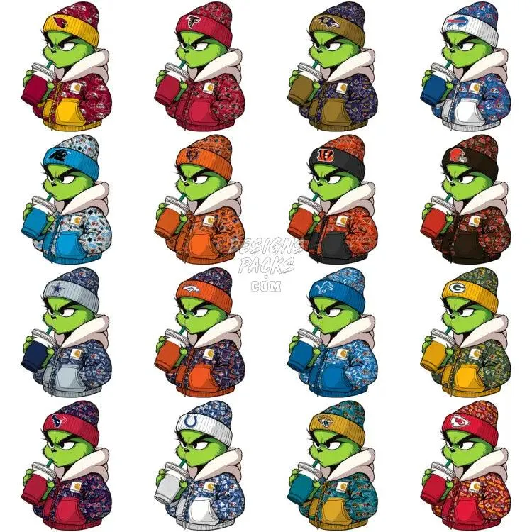 32 Grinch with Drink Football Teams Designs Bundle PNG