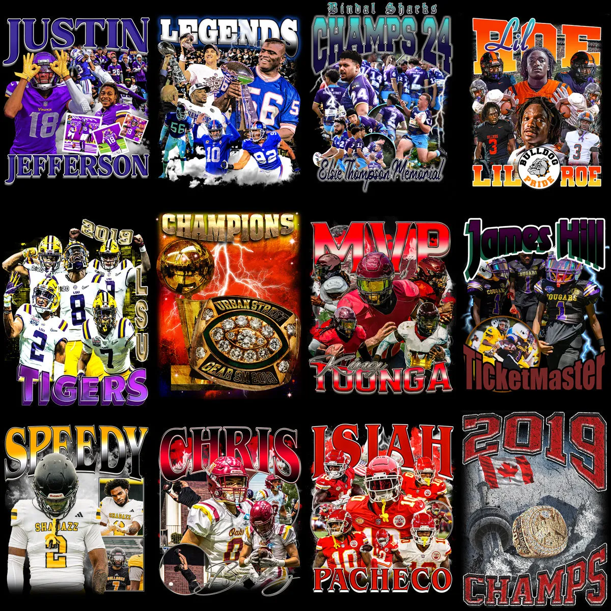 41 Football Bootleg Players & Teams Designs Bundle PNG