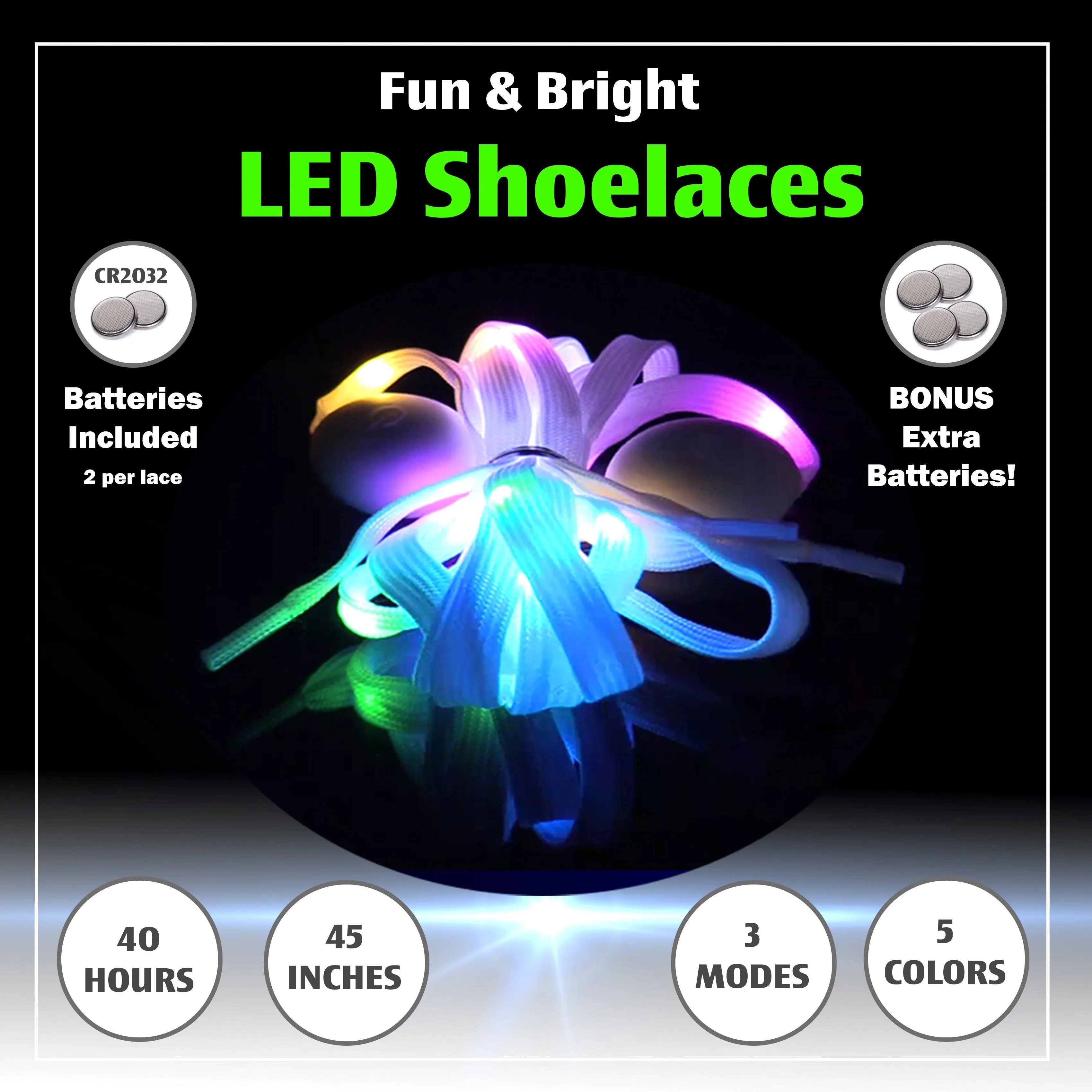 5 Color LED Light Up Shoe Laces Flashing Glow in the Dark White Tie Shoelaces for Sneakers, Skates, 45 inch by The Noodley