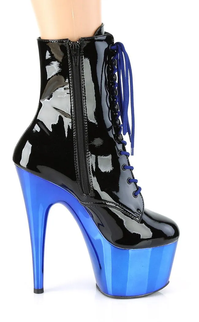 ADORE-1020 Black Patent & Blue Chrome Boots