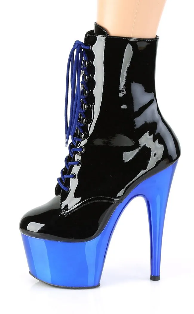 ADORE-1020 Black Patent & Blue Chrome Boots