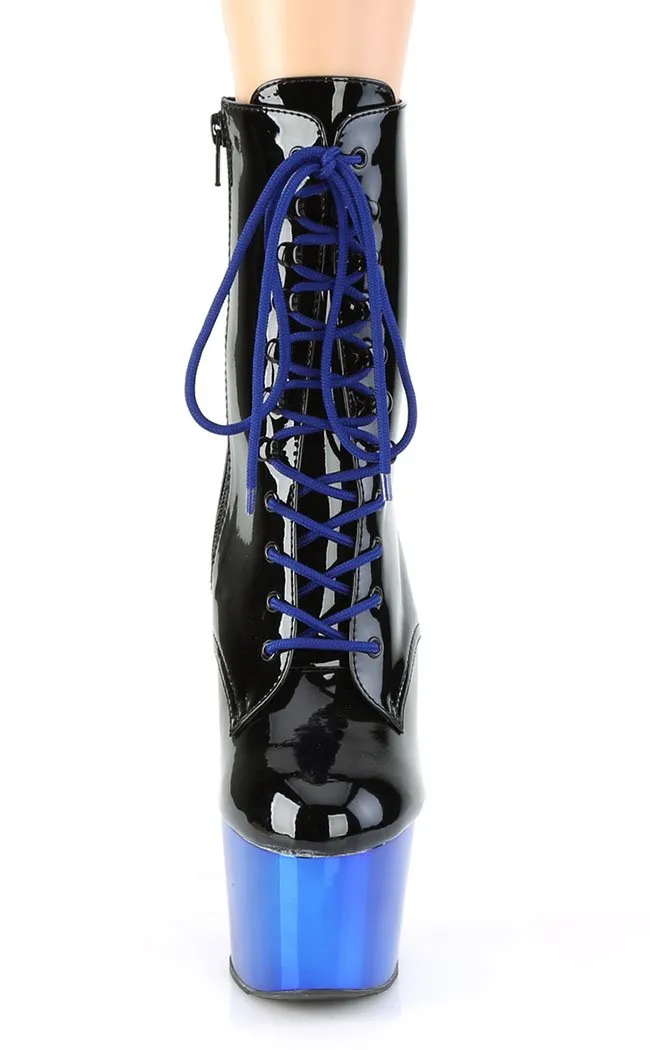 ADORE-1020 Black Patent & Blue Chrome Boots