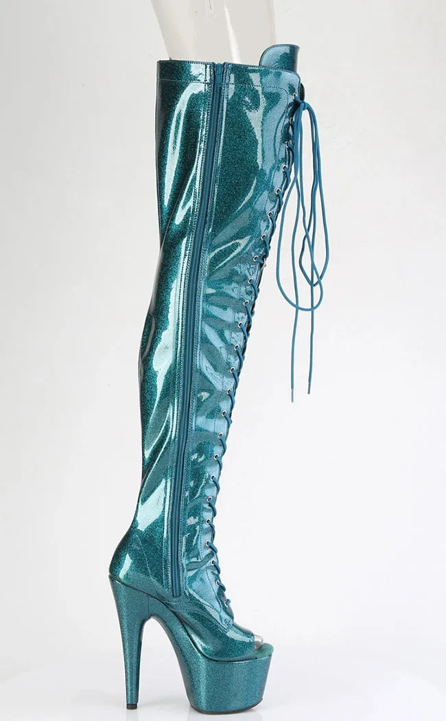 ADORE-3021GP Teal Glitter Patent Thigh High Boots