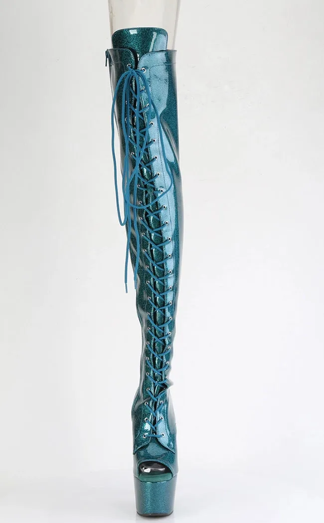 ADORE-3021GP Teal Glitter Patent Thigh High Boots