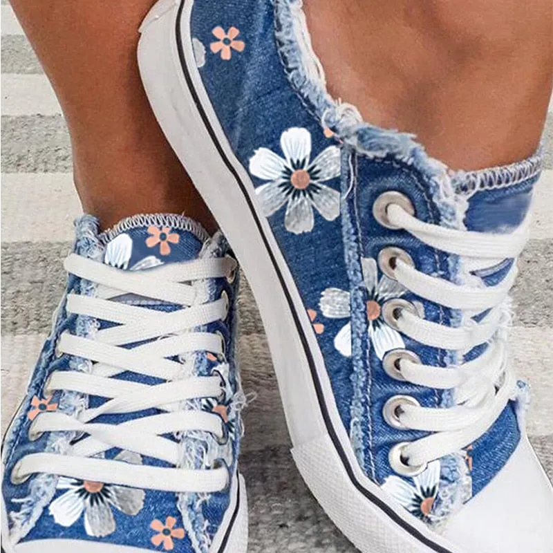 Amozae-Back to school outfit   Women Canvas Flower Classic Vulcanized Female Summer Fashion Lace-Up Flat Ladies Casual Platform Comfort Shoes Big Size