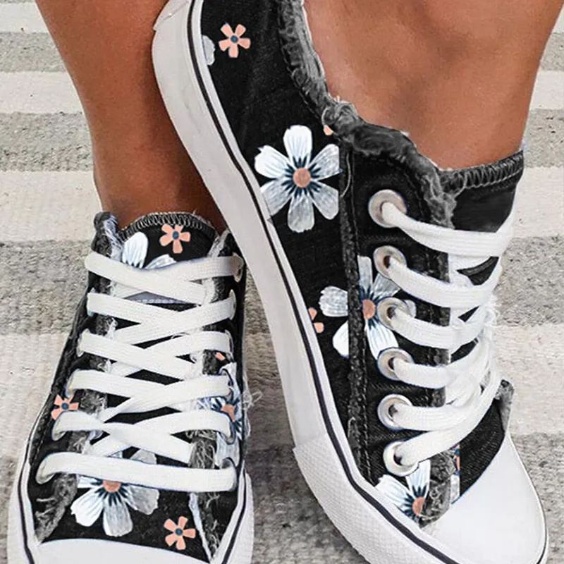 Amozae-Back to school outfit   Women Canvas Flower Classic Vulcanized Female Summer Fashion Lace-Up Flat Ladies Casual Platform Comfort Shoes Big Size