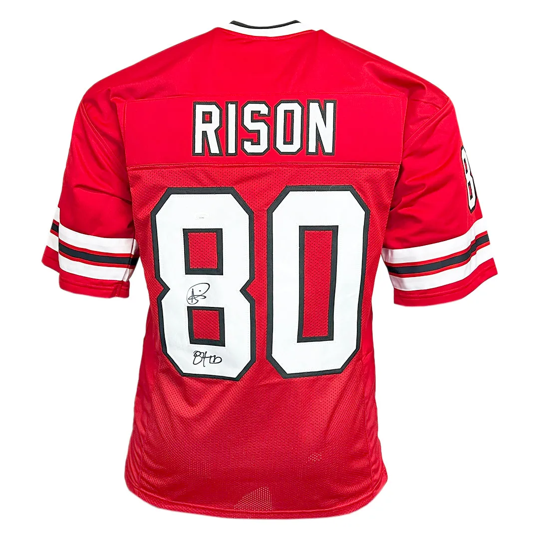 Andre Rison Signed 84 TD Inscription Atlanta Red Football Jersey (JSA)