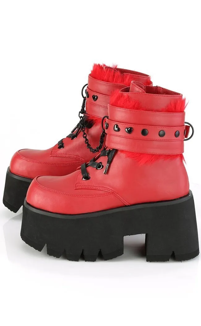 ASHES-57 Red Vegan Leather Cuff Platform Ankle Boots