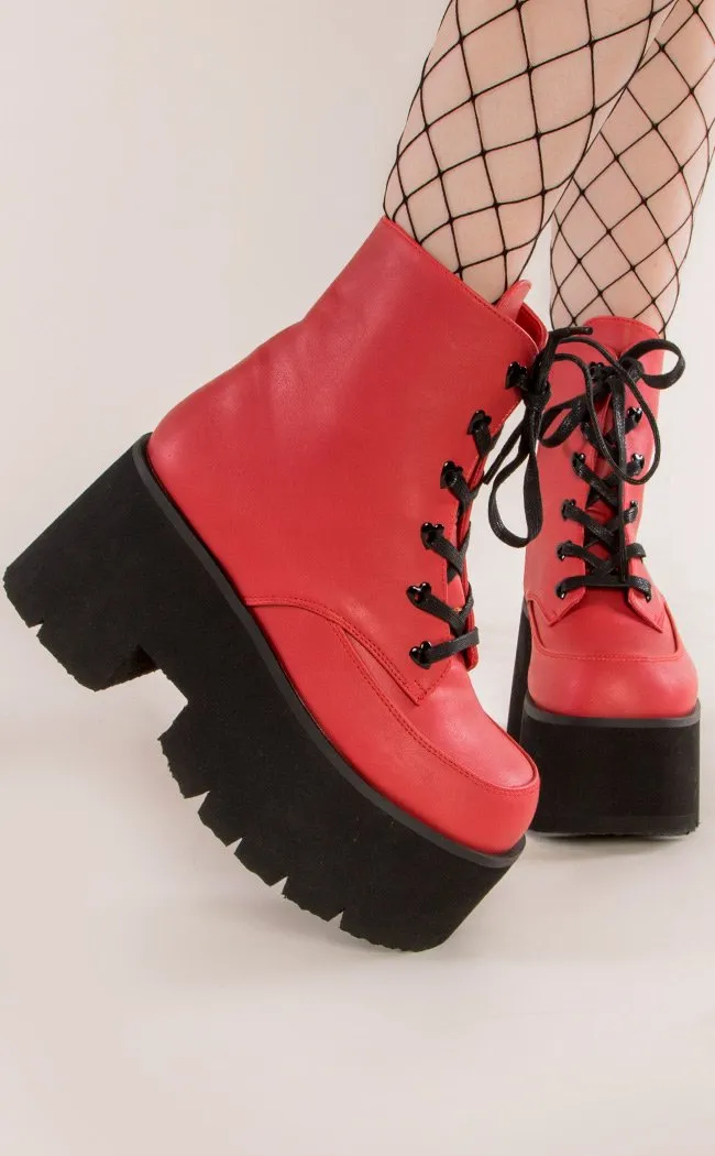 ASHES-57 Red Vegan Leather Cuff Platform Ankle Boots