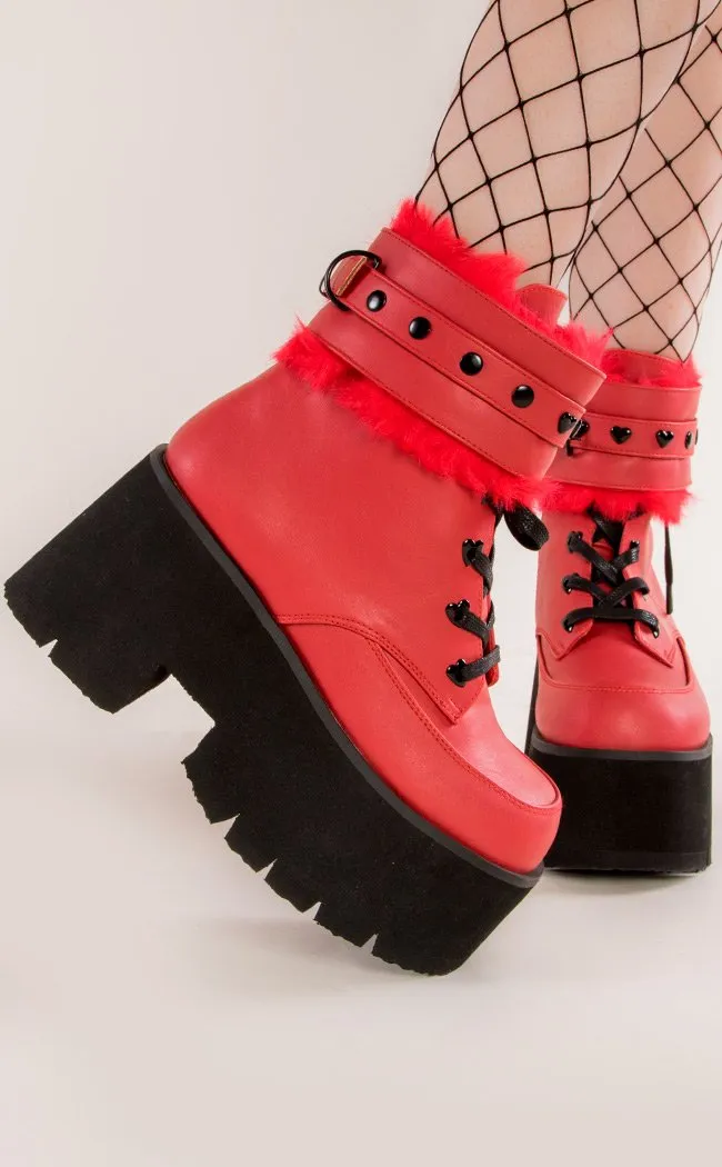 ASHES-57 Red Vegan Leather Cuff Platform Ankle Boots