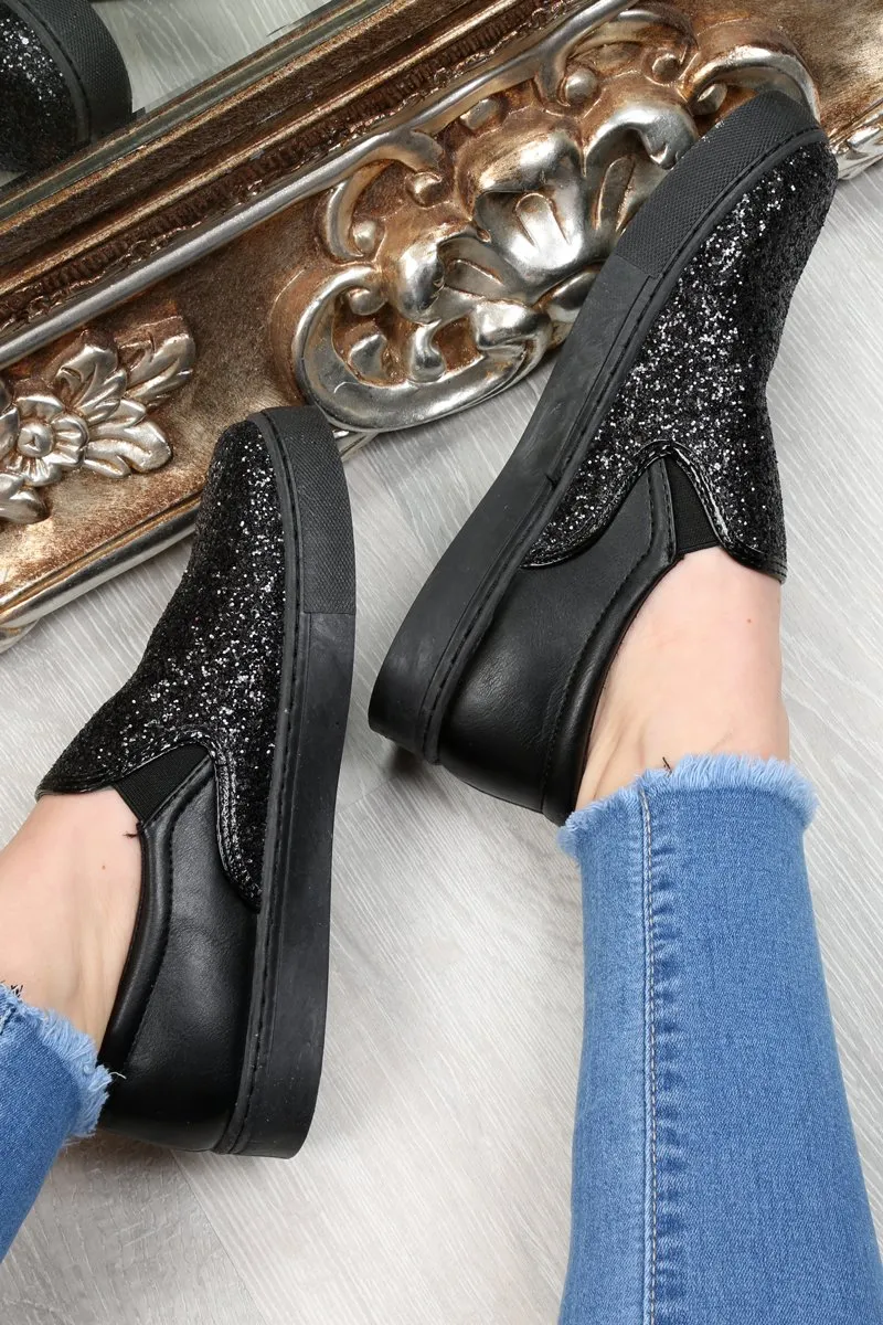 Black Glitter Slip On Trainers - Maddie