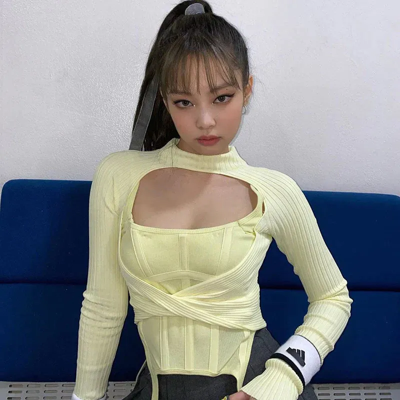 Blackpink Jennie Kim Style Pastel Yellow Corset Top