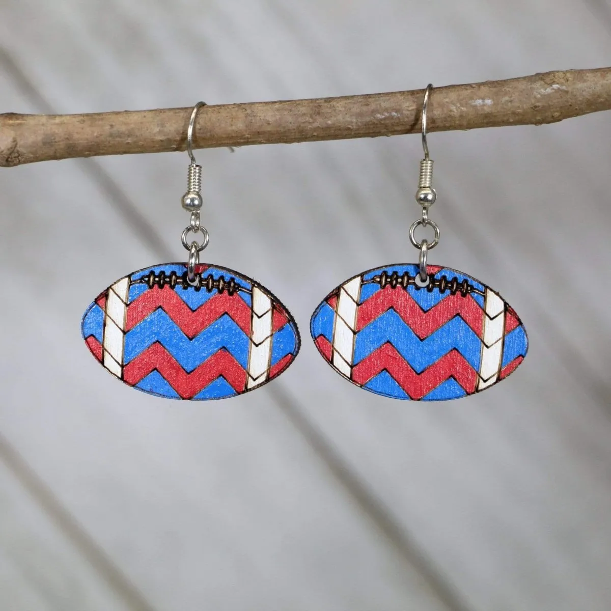 Blue & Red Chevron Football Wooden Earrings by Cate's Concepts, LLC