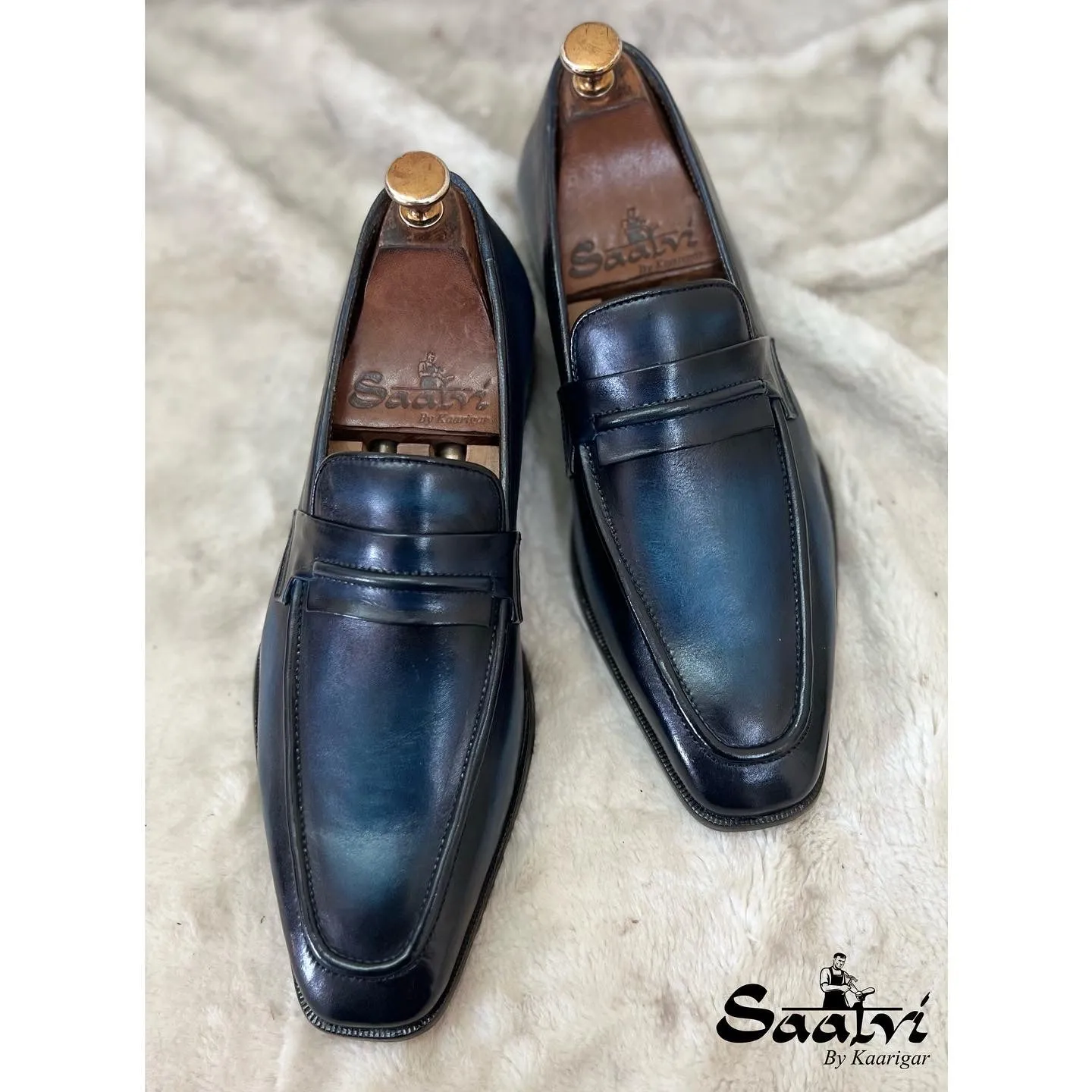 Blue Hand Finished Penny Loafers