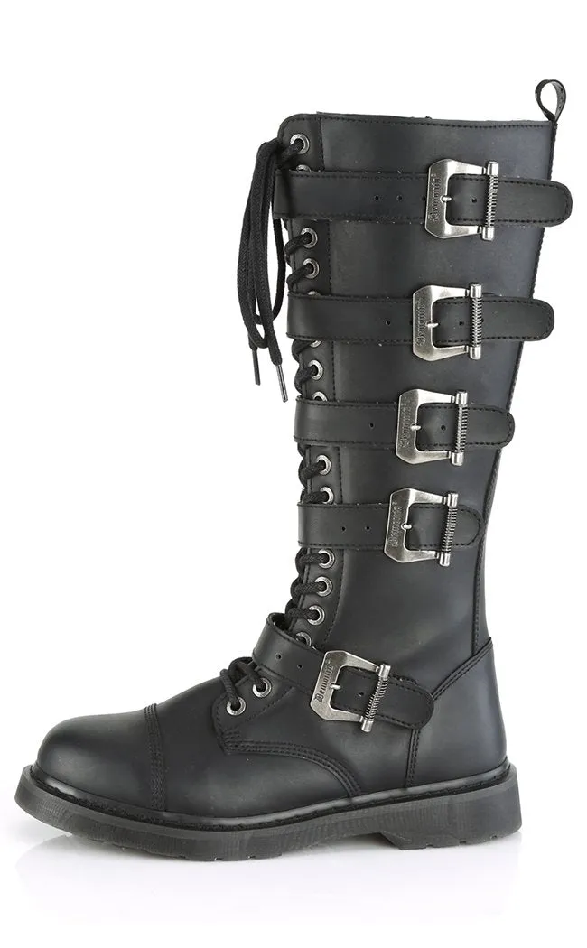 BOLT-425 Black Knee High Buckle Boots