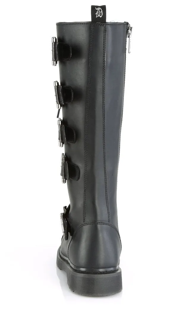 BOLT-425 Black Knee High Buckle Boots