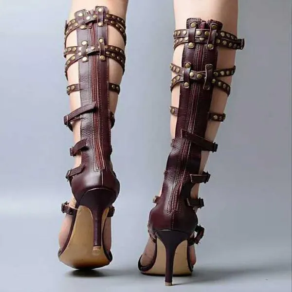 Brown Leather Buckle High Heel Knee High Sandals