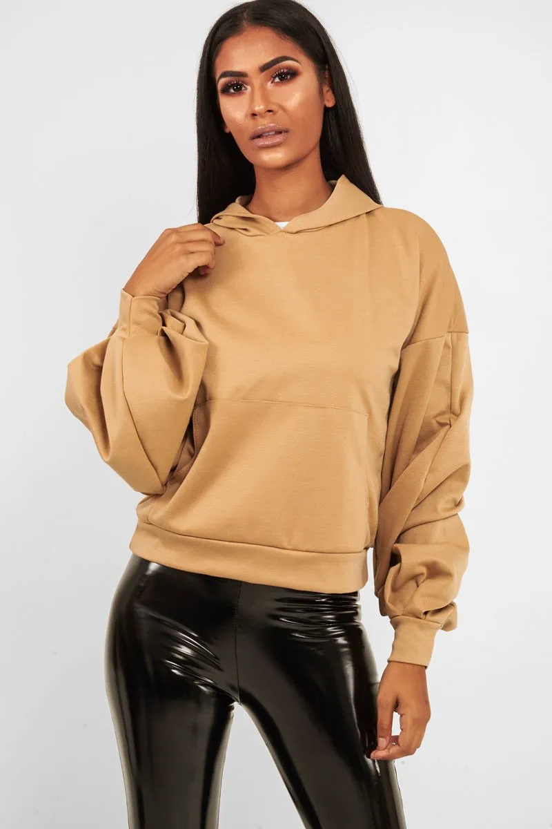 Camel Balloon Sleeve Pocket Front Hoodie - Lainee