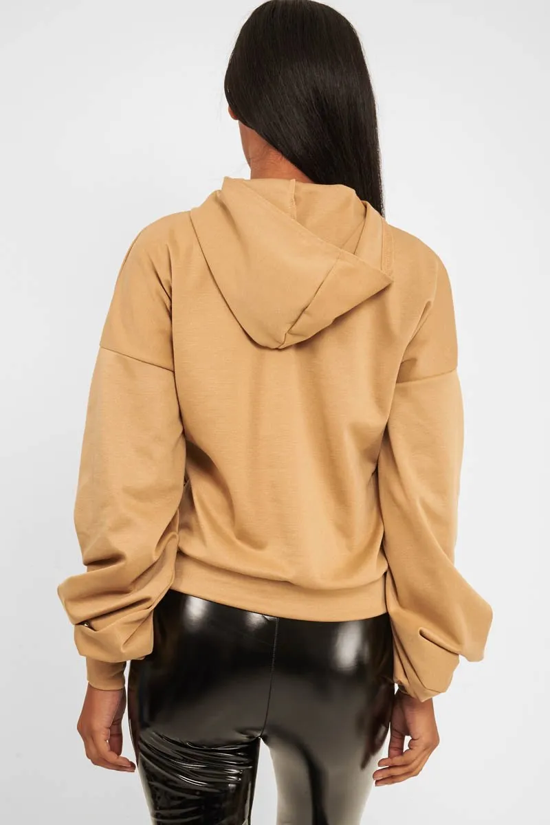 Camel Balloon Sleeve Pocket Front Hoodie - Lainee