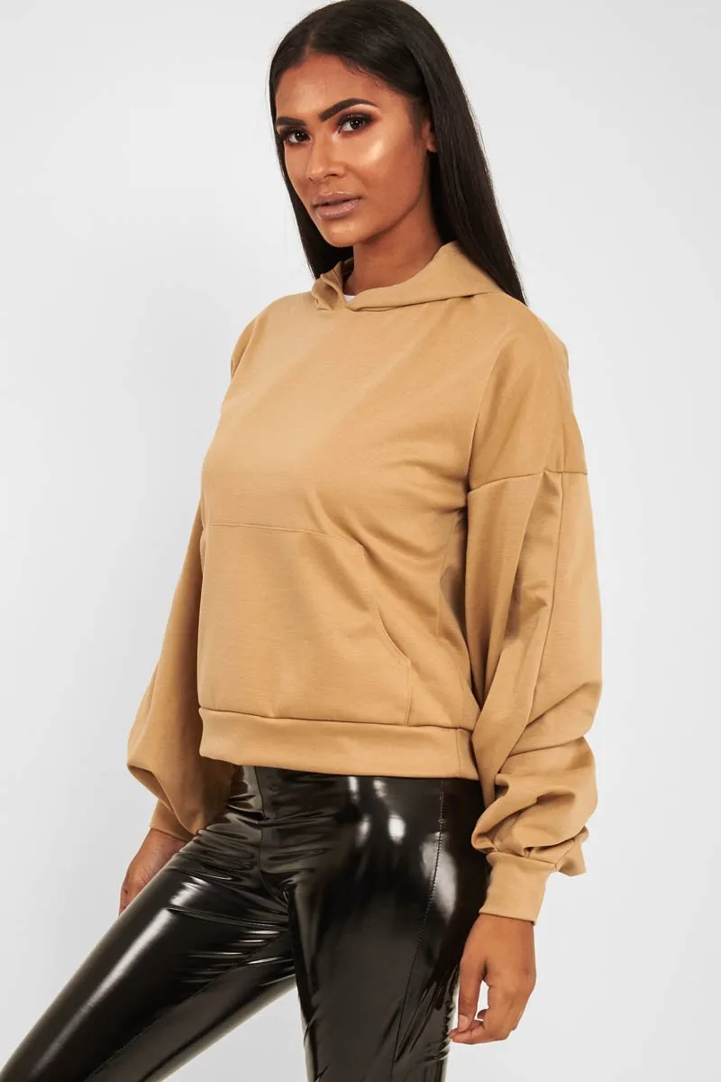 Camel Balloon Sleeve Pocket Front Hoodie - Lainee