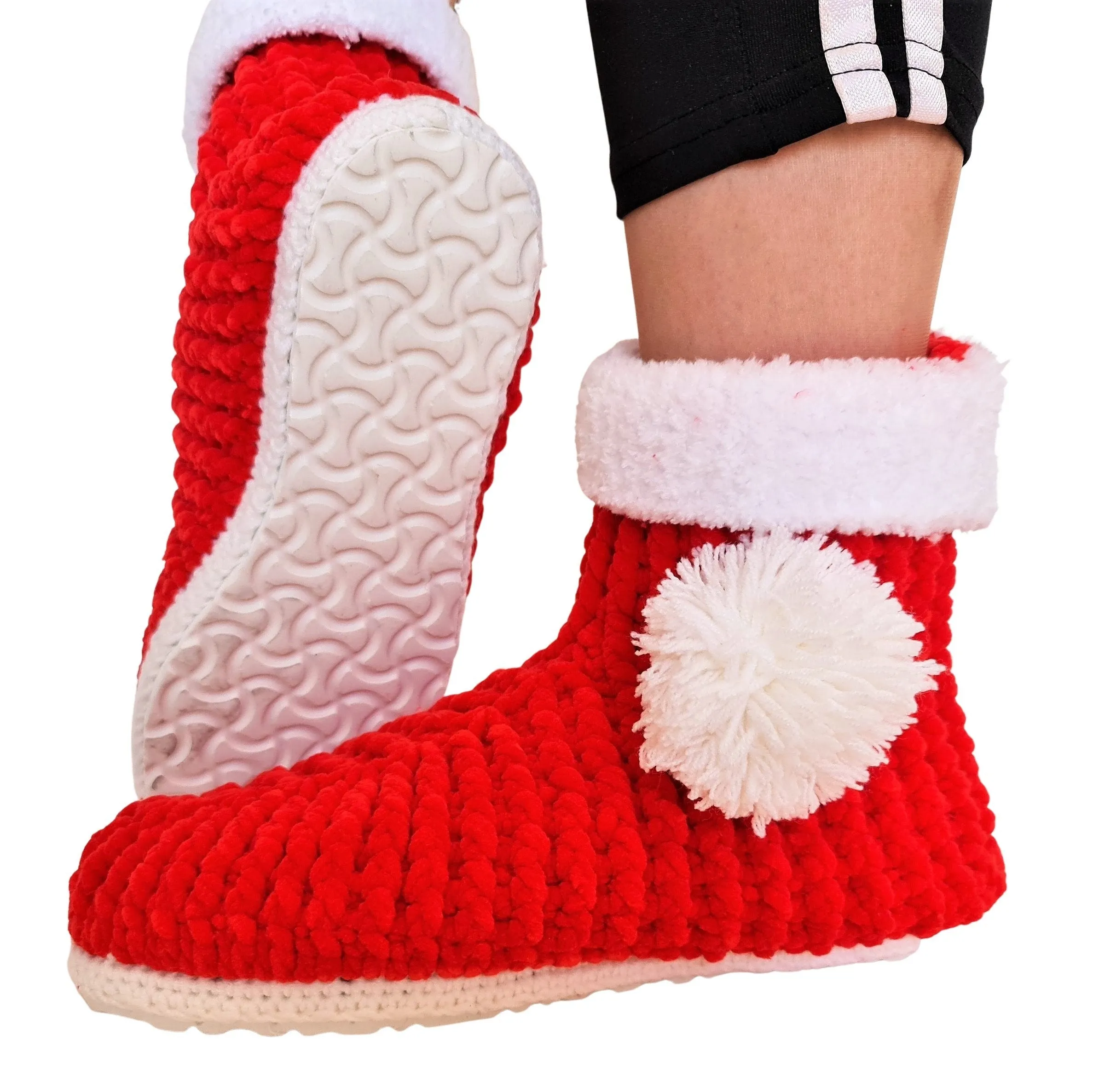 Christmas Stocking Pompom Cozy Holiday Knit Slippers Socks - Red Wool Fuzzy Non Slip House Plush Shoes