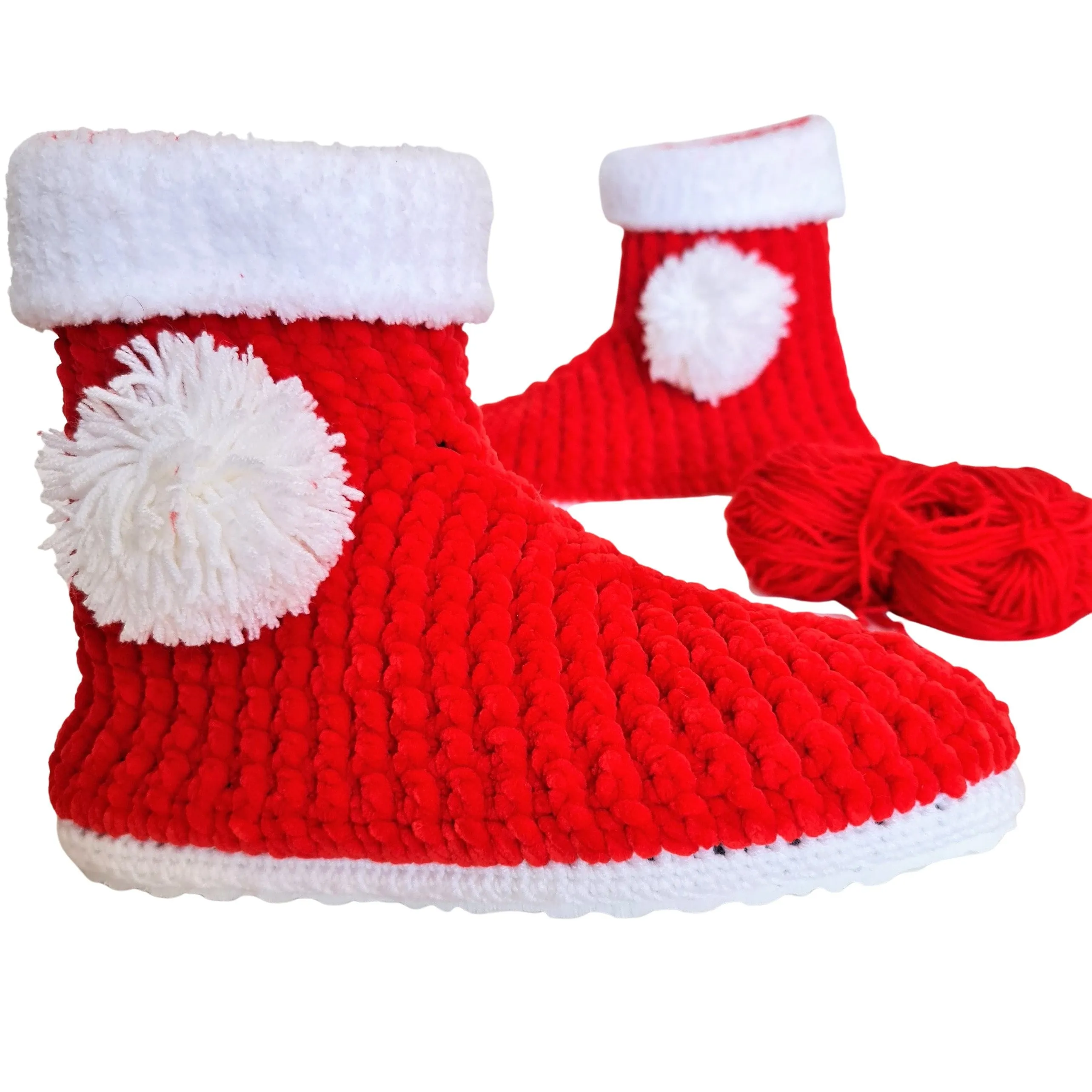 Christmas Stocking Pompom Cozy Holiday Knit Slippers Socks - Red Wool Fuzzy Non Slip House Plush Shoes