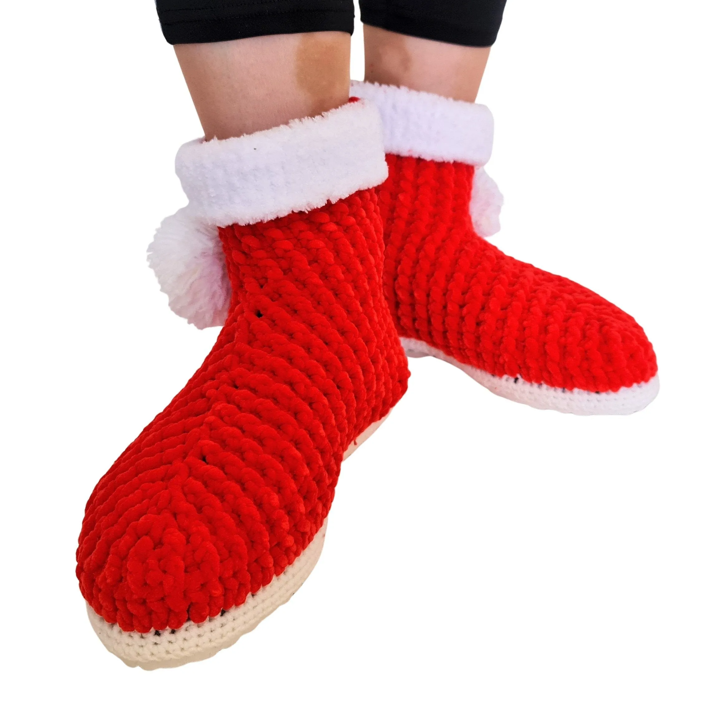 Christmas Stocking Pompom Cozy Holiday Knit Slippers Socks - Red Wool Fuzzy Non Slip House Plush Shoes