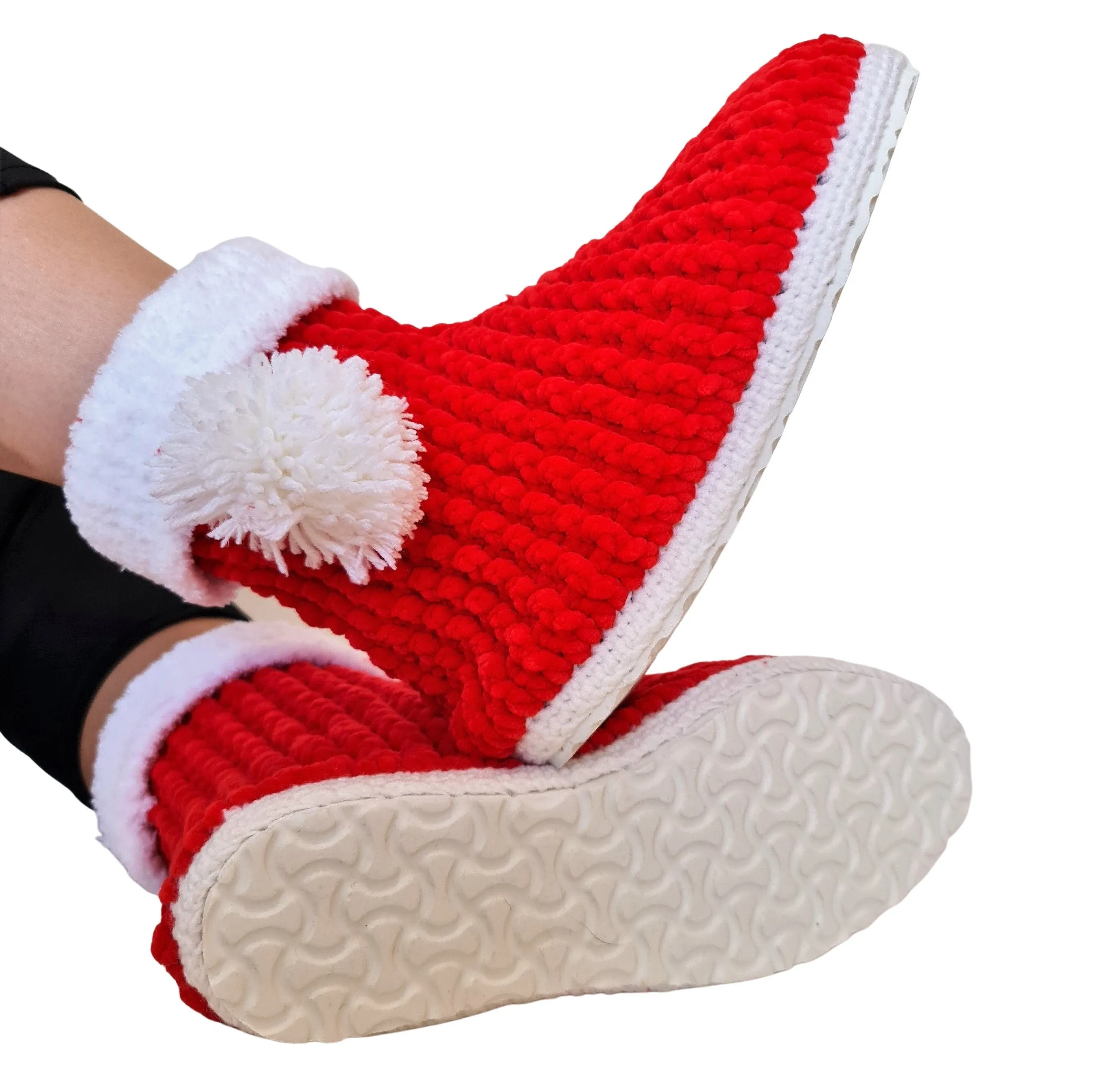 Christmas Stocking Pompom Cozy Holiday Knit Slippers Socks - Red Wool Fuzzy Non Slip House Plush Shoes