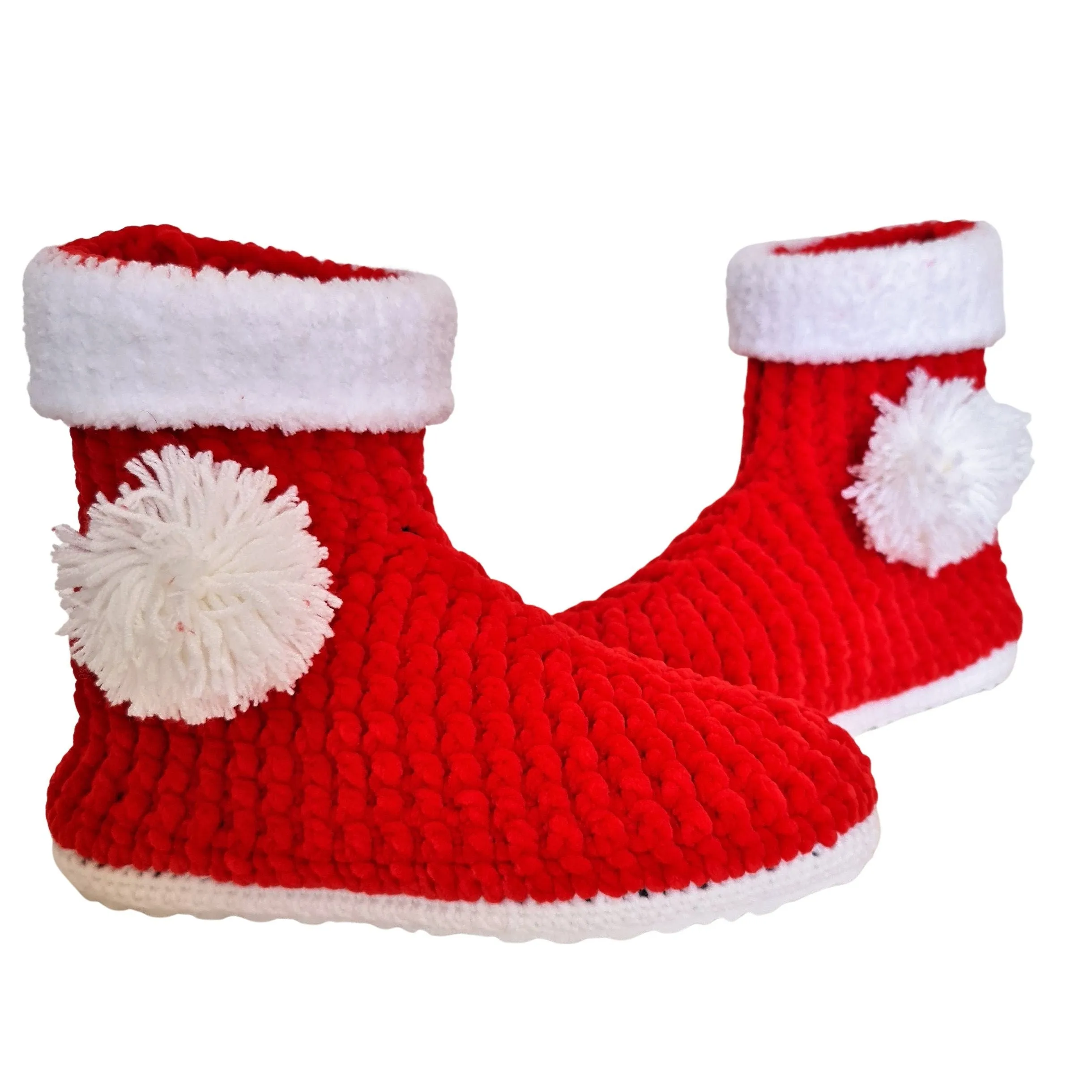 Christmas Stocking Pompom Cozy Holiday Knit Slippers Socks - Red Wool Fuzzy Non Slip House Plush Shoes