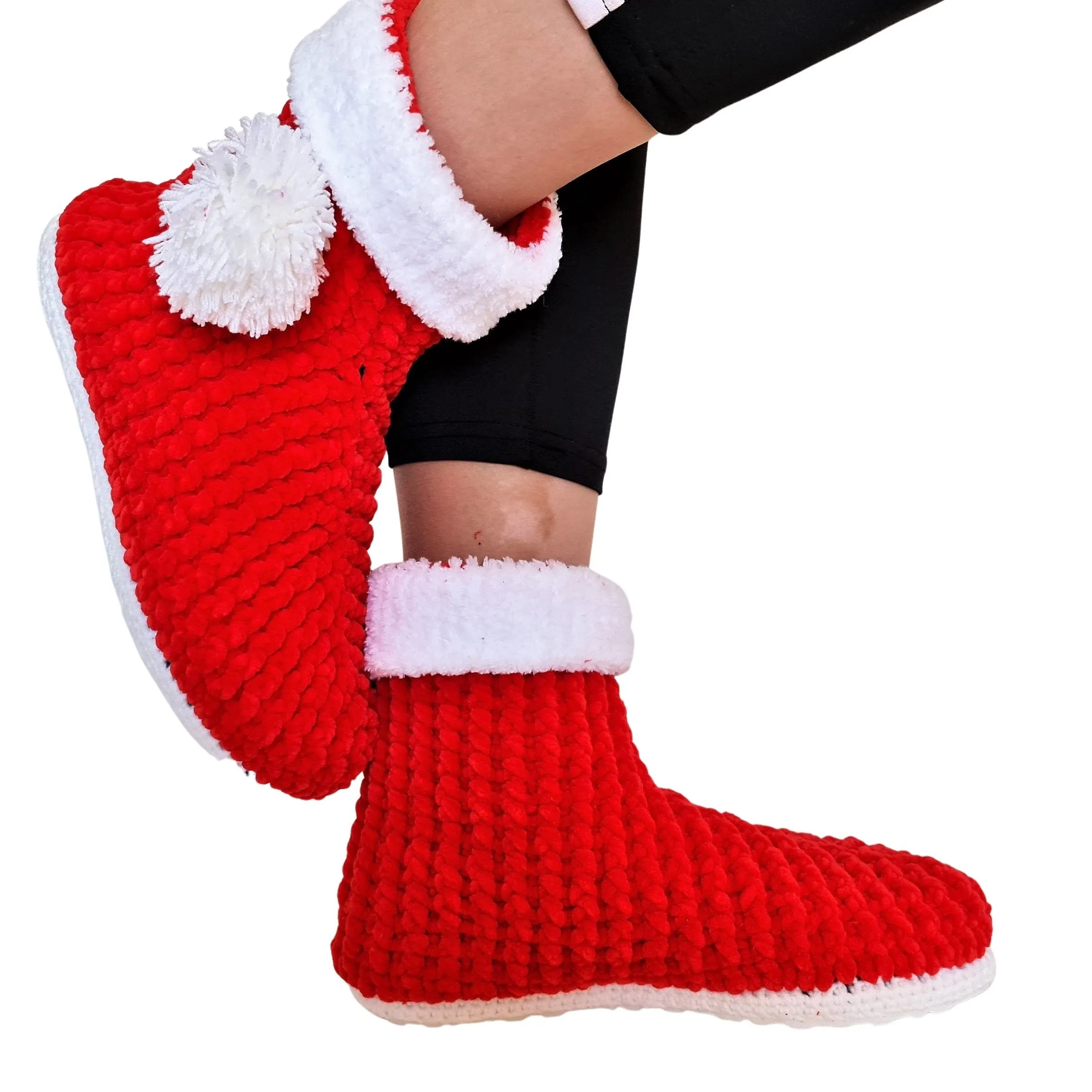 Christmas Stocking Pompom Cozy Holiday Knit Slippers Socks - Red Wool Fuzzy Non Slip House Plush Shoes