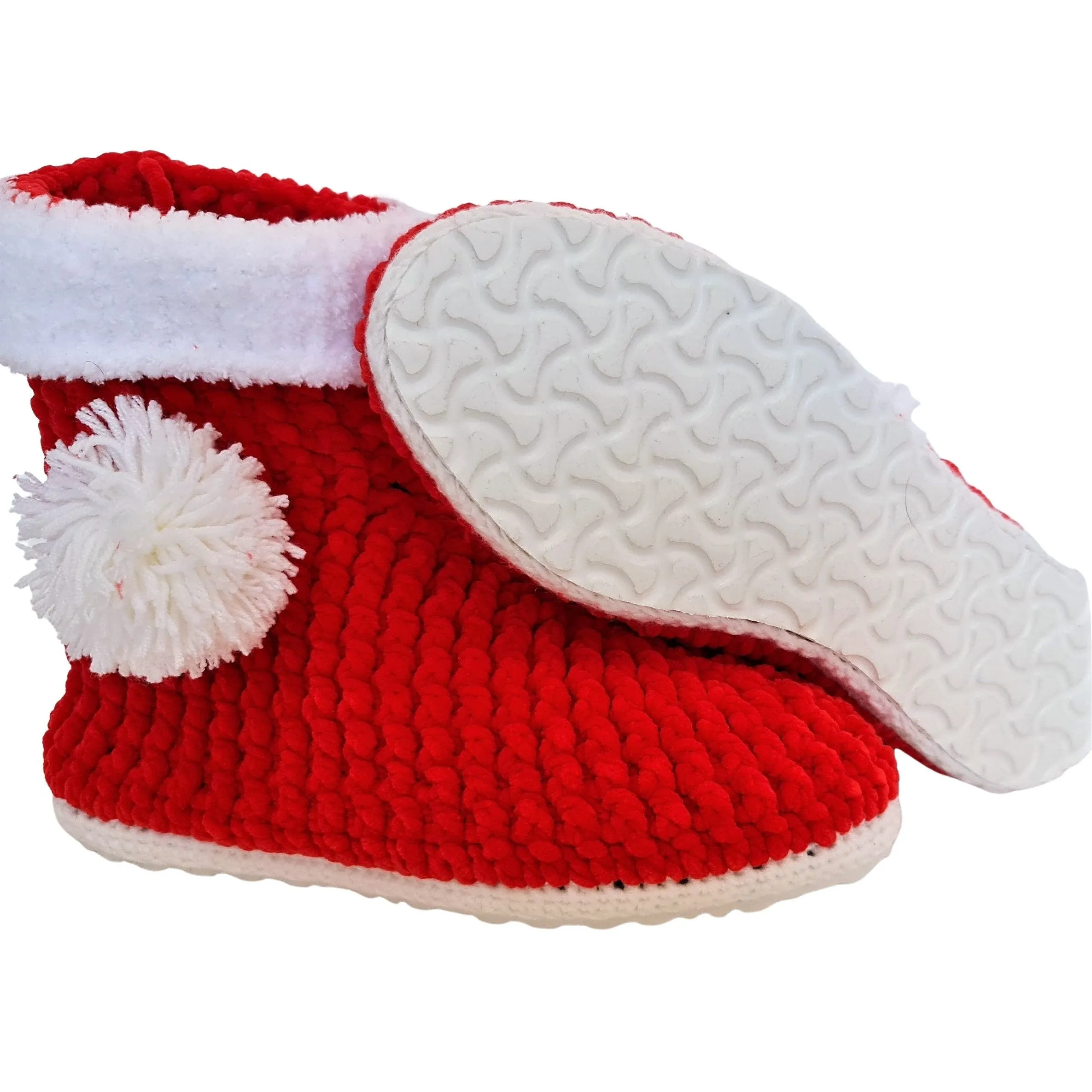 Christmas Stocking Pompom Cozy Holiday Knit Slippers Socks - Red Wool Fuzzy Non Slip House Plush Shoes