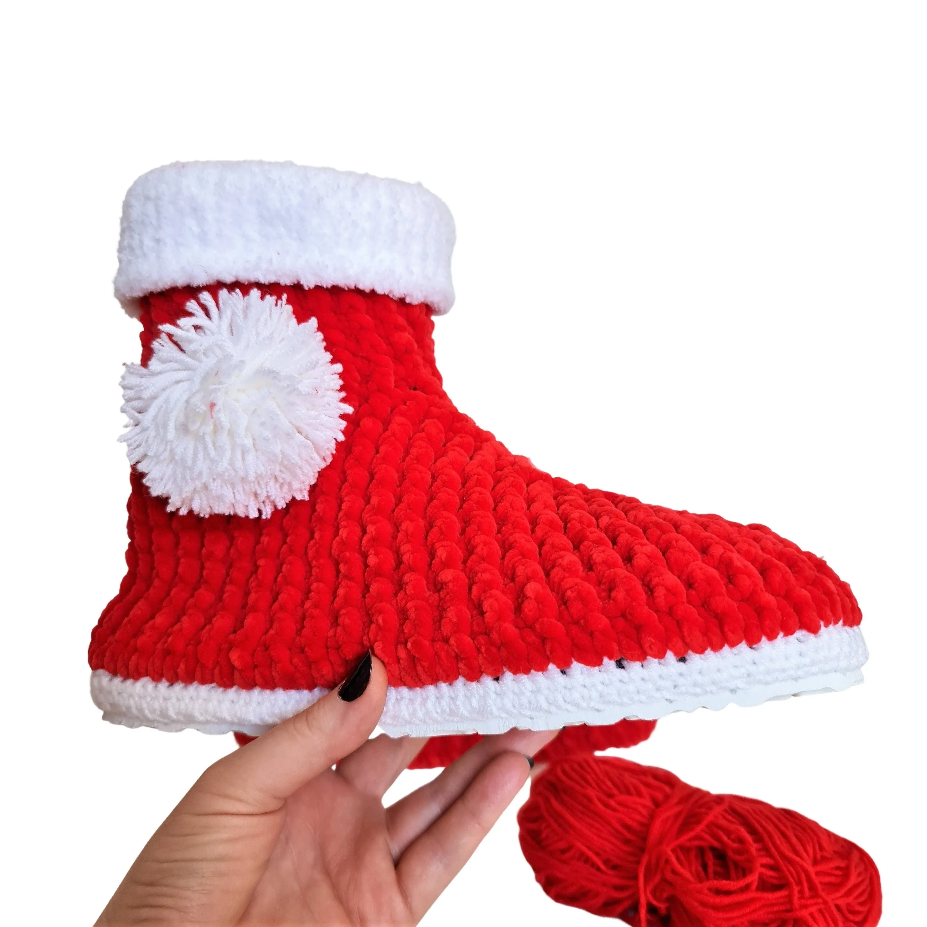 Christmas Stocking Pompom Cozy Holiday Knit Slippers Socks - Red Wool Fuzzy Non Slip House Plush Shoes