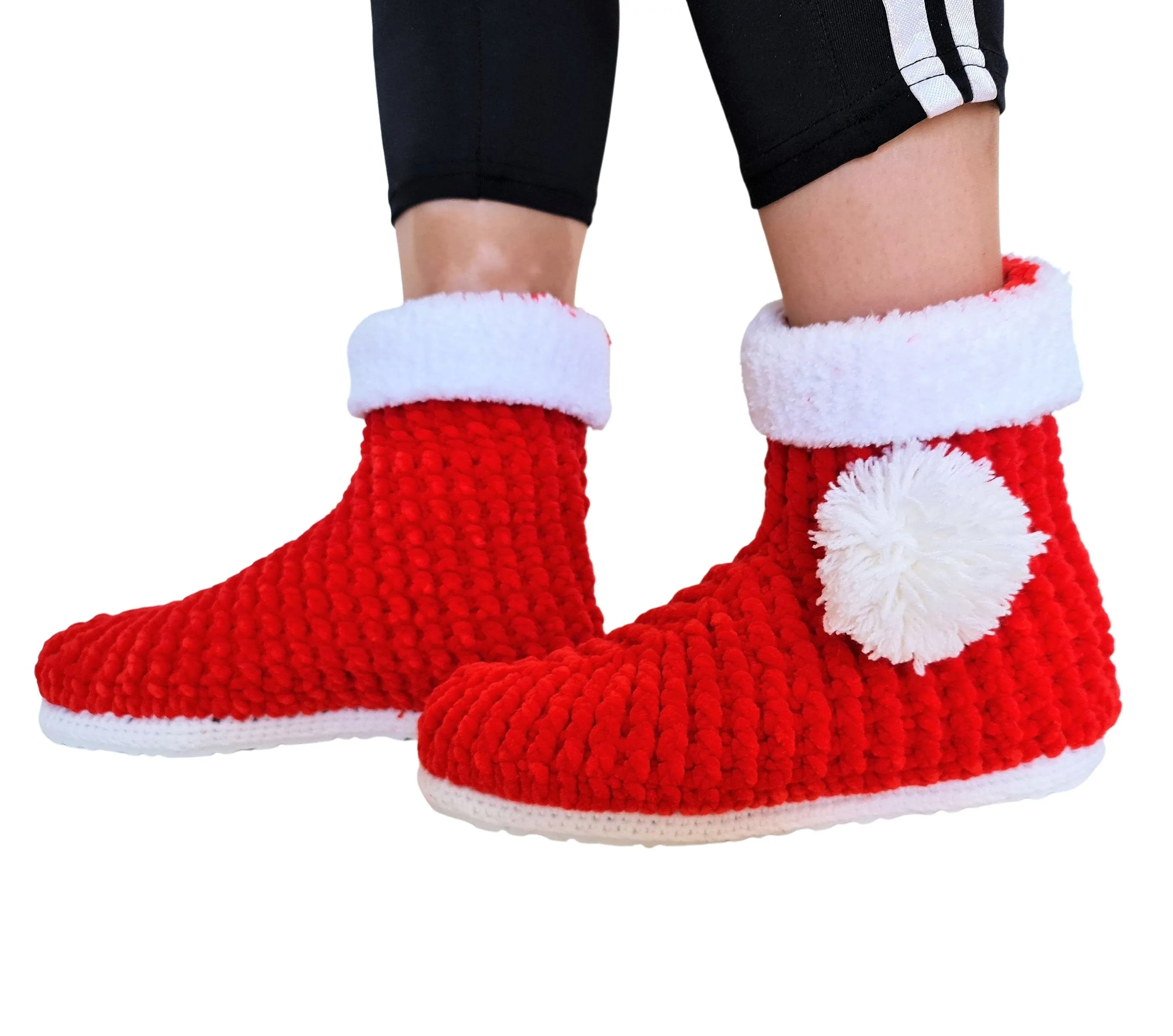 Christmas Stocking Pompom Cozy Holiday Knit Slippers Socks - Red Wool Fuzzy Non Slip House Plush Shoes