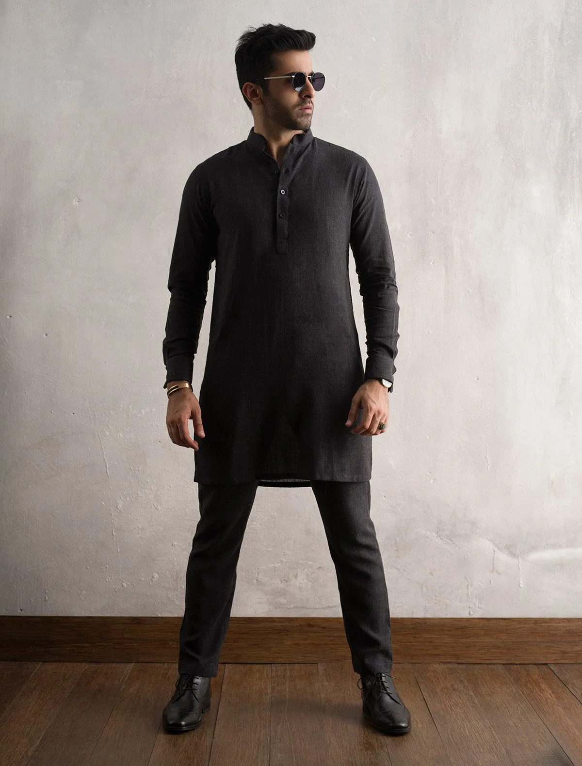 CLASSIC DARK GREY LINEN KURTA WITH PANT PAJAMA