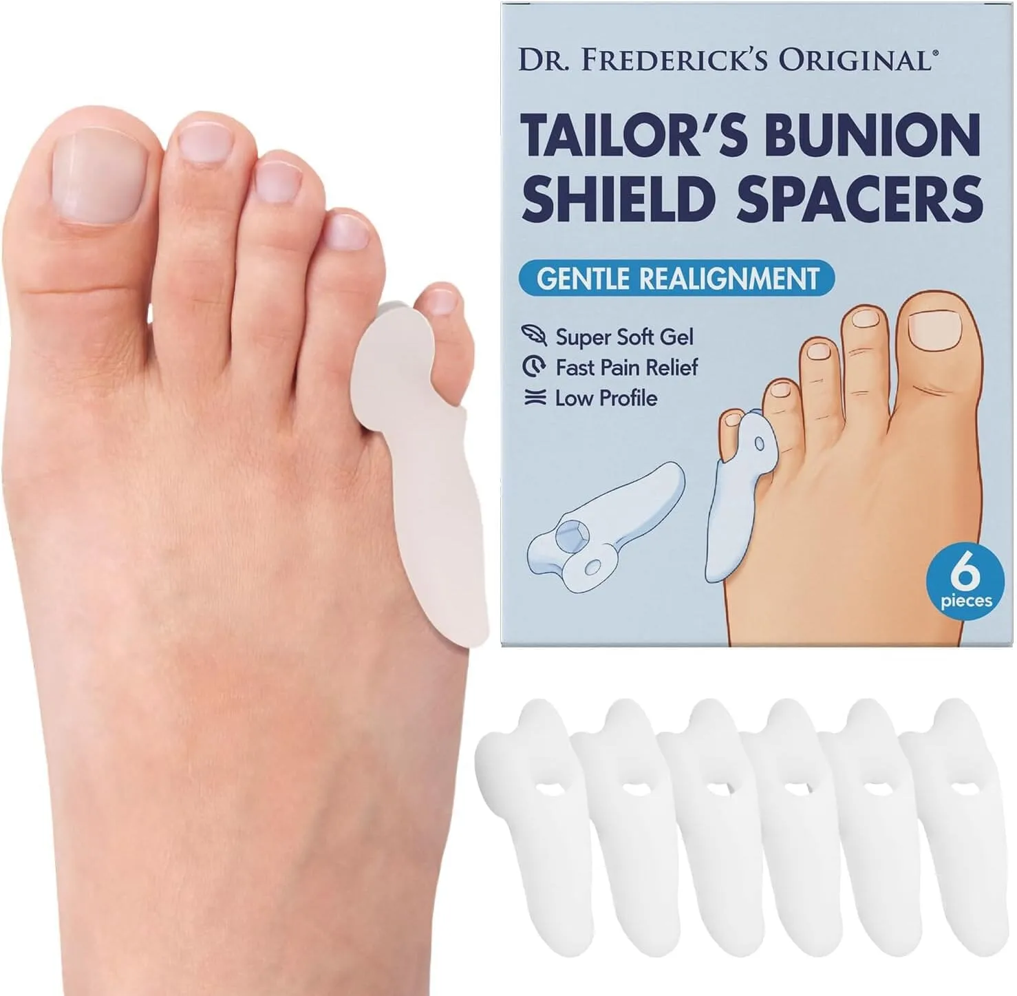 Dr. Frederick's Original Tailor's Bunion Shield Spacers - Soft Gel Bunionette Pads with Spacer - Tailors Bunion Pad Corrector - Fast Pain Relief for Men & Women - Pinky Toe Protection - 6 ct