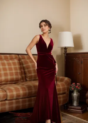 Elegant V-neck Hepburn Style fit and flare long velvet dress