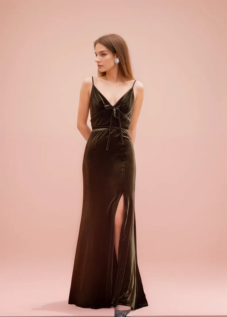 Fit and Flare Long Velvet Dress with Spaghetti Straps and Side Slit