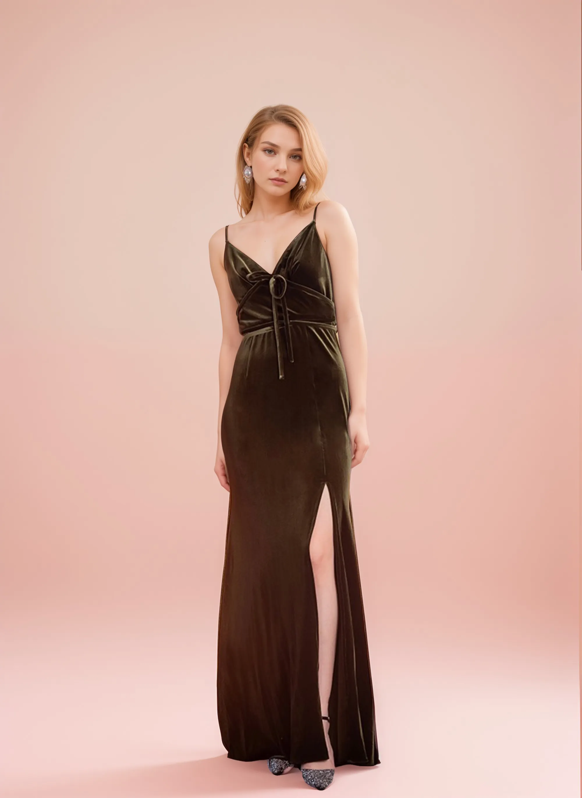 Fit and Flare Long Velvet Dress with Spaghetti Straps and Side Slit