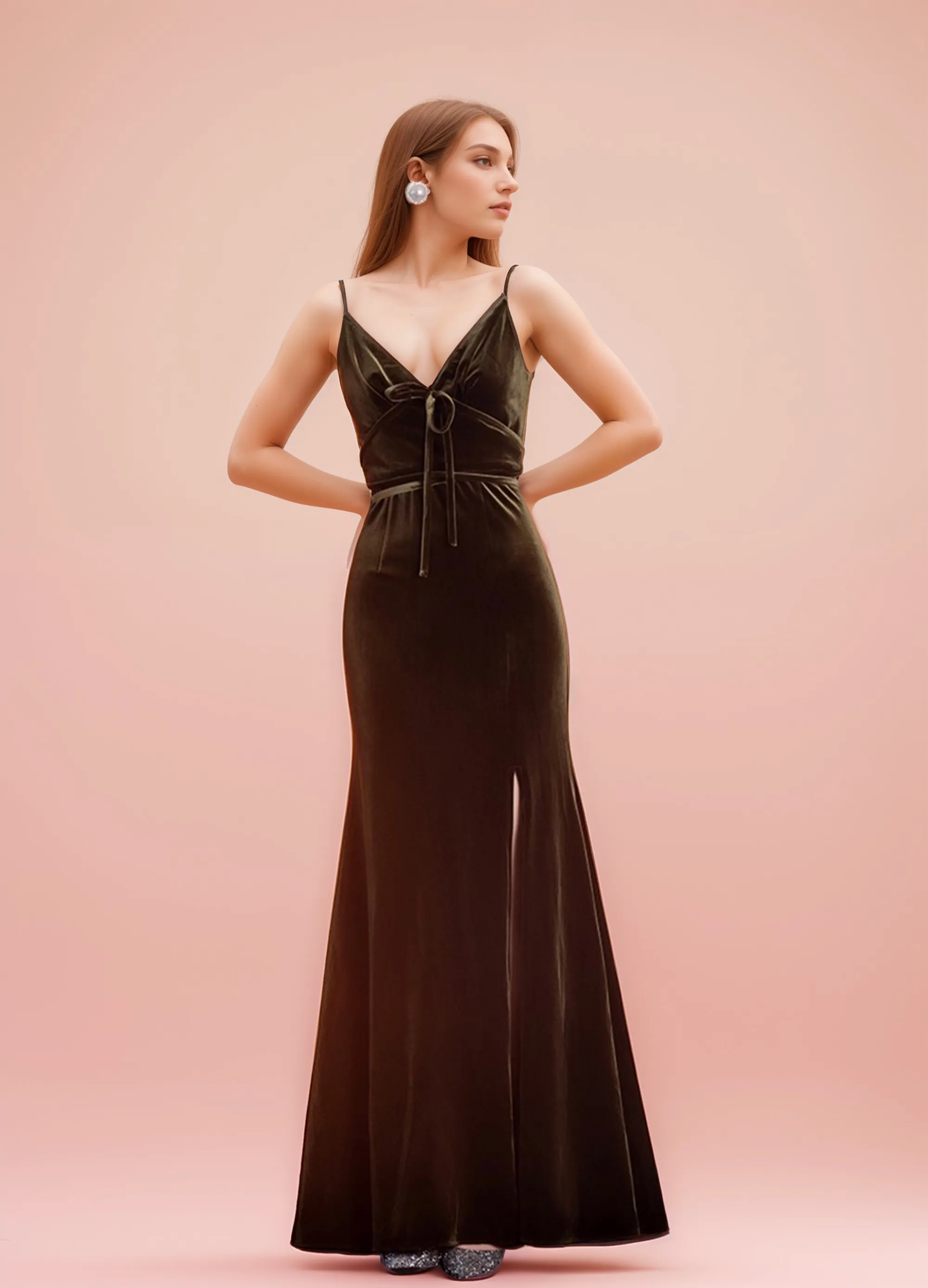 Fit and Flare Long Velvet Dress with Spaghetti Straps and Side Slit