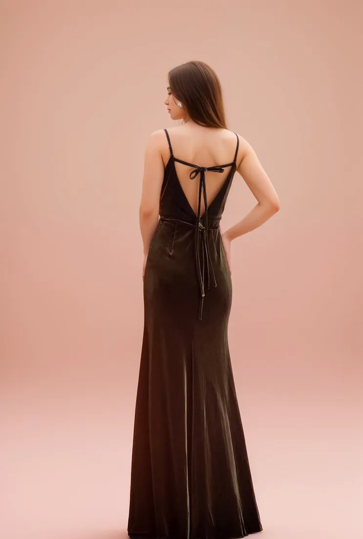 Fit and Flare Long Velvet Dress with Spaghetti Straps and Side Slit