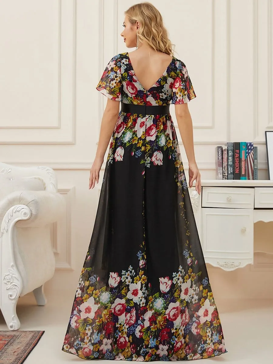 Floral Print V-Neck Short Sleeve Ruffle Bump Friendly Dress