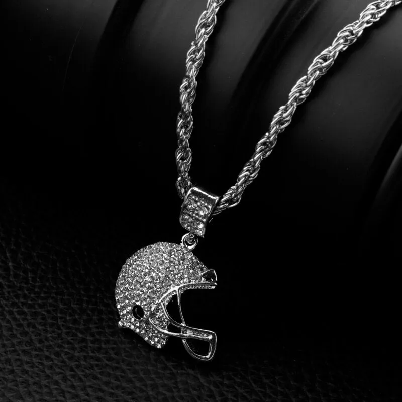 Football Helmet Sports Crystal Metal Chain Pendant Necklaces For Women/Men Jewelry Gift