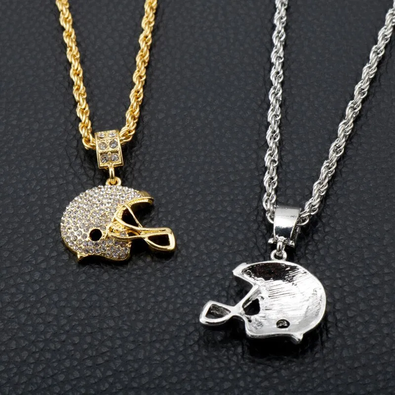 Football Helmet Sports Crystal Metal Chain Pendant Necklaces For Women/Men Jewelry Gift