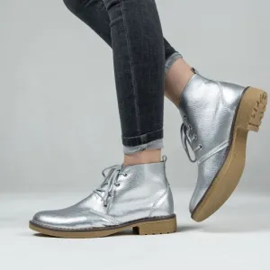 Genuine Leather Silver Metallic Lace Ankle Boots