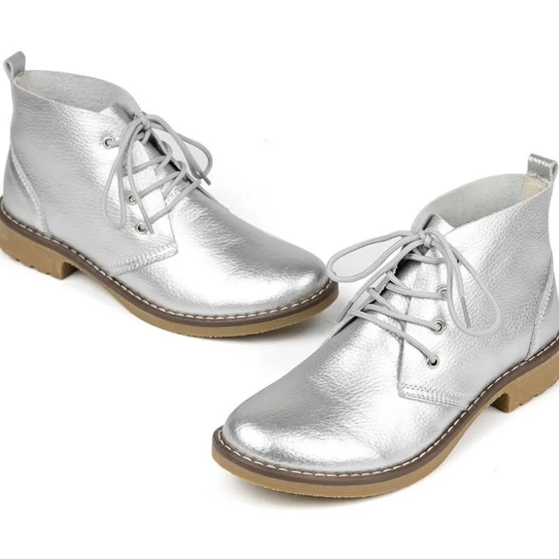 Genuine Leather Silver Metallic Lace Ankle Boots