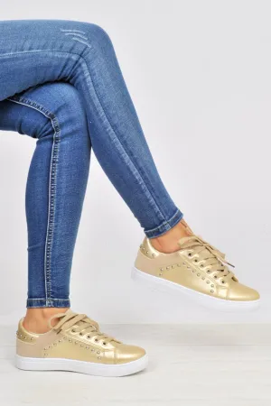 Gold Lace Up Studded Trainers - Danaly