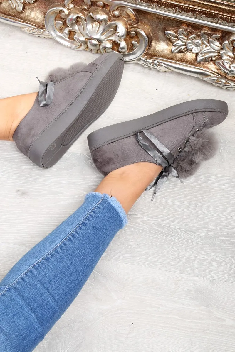 Grey Faux Suede Pom Pom Trainers - Ellany