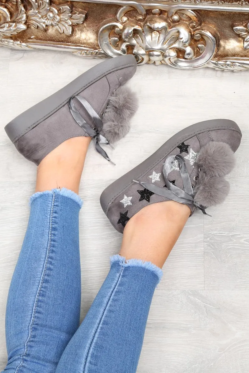 Grey Faux Suede Pom Pom Trainers - Ellany